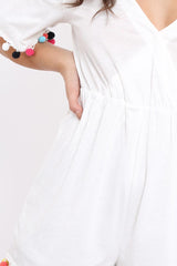 White Cold Shoulder Pom Pom Playsuit - Jemima
