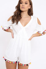 White Cold Shoulder Pom Pom Playsuit - Jemima