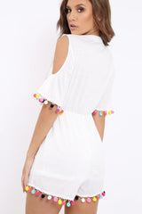 White Cold Shoulder Pom Pom Playsuit - Jemima