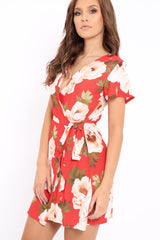 Red Floral Print Wrap Dress - Norie