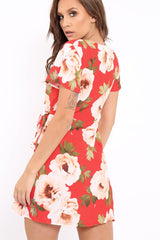 Red Floral Print Wrap Dress - Norie