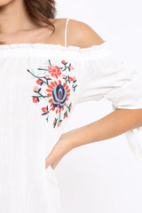 White Flower Embroidered Shift Dress - Isolde