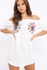 White Flower Embroidered Shift Dress - Isolde