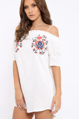 White Flower Embroidered Shift Dress - Isolde