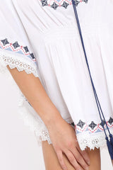 White Embroidered Crochet Trim Kaftan - Kayda