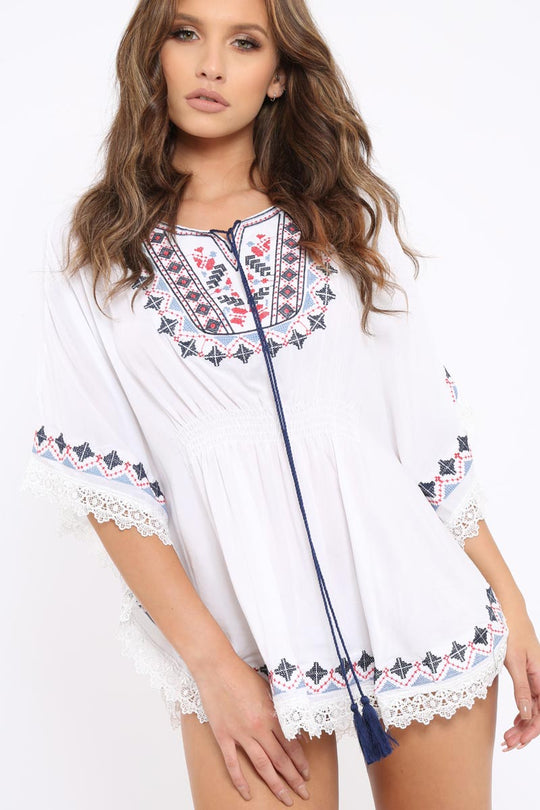 White Embroidered Crochet Trim Kaftan - Kayda