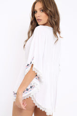 White Embroidered Crochet Trim Kaftan - Kayda