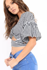 Black Gingham Bow Front Tie Around The Waist Crop Top - Konnie