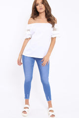 White Bardot Flower Crochet Top - Riella