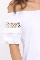 White Bardot Flower Crochet Top - Riella