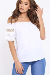 White Bardot Flower Crochet Top - Riella