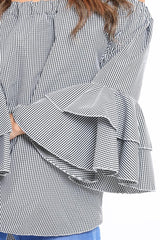 Black Gingham Bell sleeve Bardot Top - Ilsa