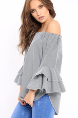 Black Gingham Bell sleeve Bardot Top - Ilsa