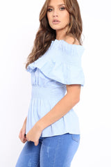 Blue Smock Waist Bardot Frill Top - Madellyn