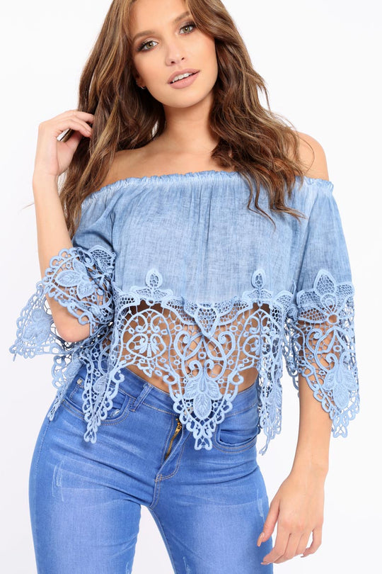 Light Denim Bardot Crochet Top - Liv