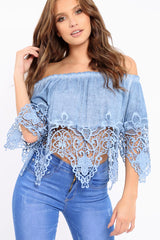Light Denim Bardot Crochet Top - Liv