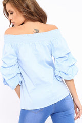 Blue Ruffle Sleeve Bardot Top - Crissy