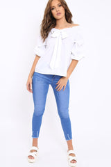 White Ruffle Sleeve Bardot Top - Crissy