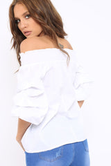 White Ruffle Sleeve Bardot Top - Crissy