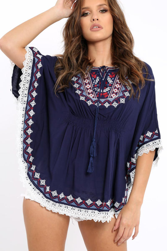 Navy Embroidered Crochet Trim Kaftan - Kayda