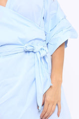 Blue Ruched Sleeve Wrap Around Dress - Marly