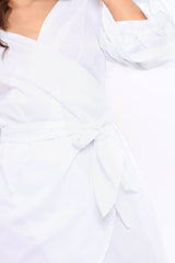White Ruched Sleeve Wrap Around Dress - Marly