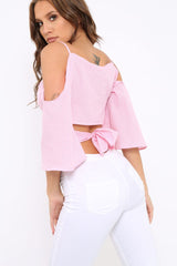Pink Gingham Cold Shouler Tie Back Crop Top - Leela
