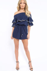 Navy Bardot Frill Drawstring Tie Playsuit - Micah