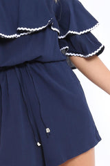 Navy Bardot Frill Drawstring Tie Playsuit - Micah