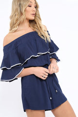 Navy Bardot Frill Drawstring Tie Playsuit - Micah