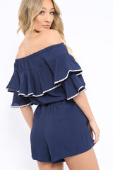 Navy Bardot Frill Drawstring Tie Playsuit - Micah