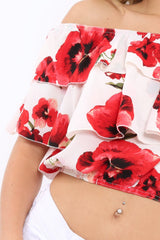 White Floral Print Bardot Frill Crop Top - Caris