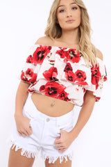 White Floral Print Bardot Frill Crop Top - Caris