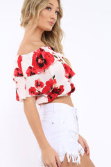 White Floral Print Bardot Frill Crop Top - Caris