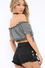Black Gingham Ruched Bardot Gypsy Crop Top - Janette