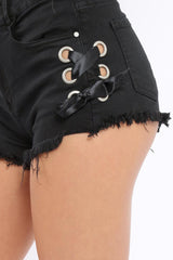 Black Denim Side Lace Up Eyelet Shorts - Aleda