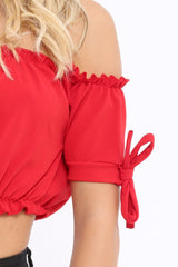 Red Ruched Bardot Gypsy Crop Top - Janette
