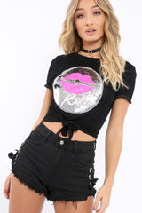 Black Sequin Tie Knot T-Shirt - Grace