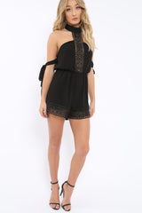 Black Crochet Halter Neck Tie Sleeve Playsuit - Leanne