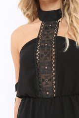 Black Crochet Halter Neck Tie Sleeve Playsuit - Leanne