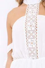 White Crochet Halter Neck Tie Sleeve Playsuit - Leanne
