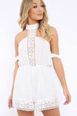 White Crochet Halter Neck Tie Sleeve Playsuit - Leanne
