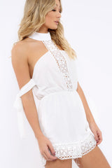 White Crochet Halter Neck Tie Sleeve Playsuit - Leanne