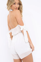 White Crochet Halter Neck Tie Sleeve Playsuit - Leanne