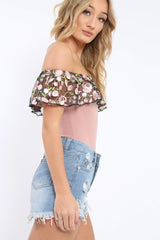 Rose Embroidered Bardot Bodysuit - Diya