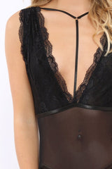 Black Lace and Sheer Harness Bodysuit - Ruby