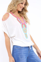 White Beaded Sheer Cold Shoulder Top - Brielle