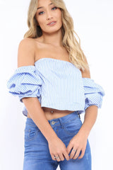 Blue Stripe Bardot Ruched Sleeve Crop Top - Corinne