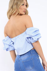 Blue Stripe Bardot Ruched Sleeve Crop Top - Corinne