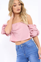Rose Bardot Ruched Sleeve Crop Top - Corinne